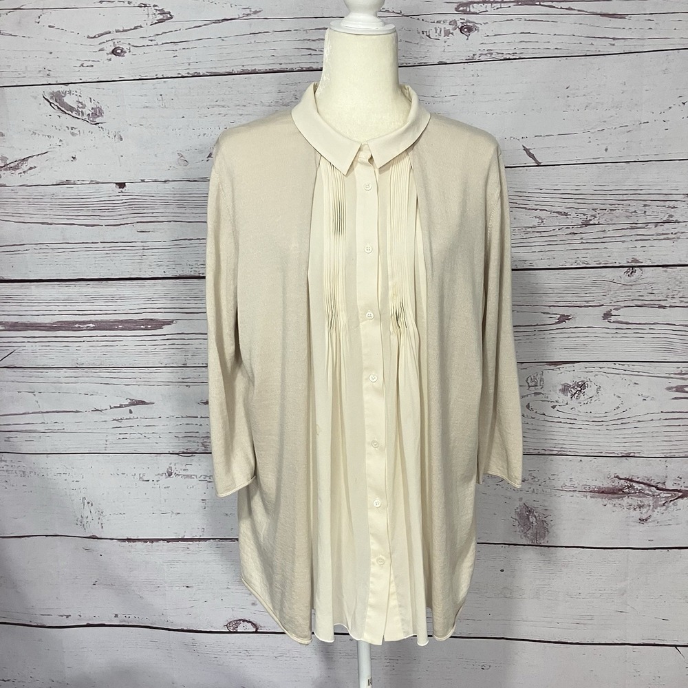 Fabiana Filippi Cashmere Layered Blouse Cardigan‎ Cream Pleated Sheer